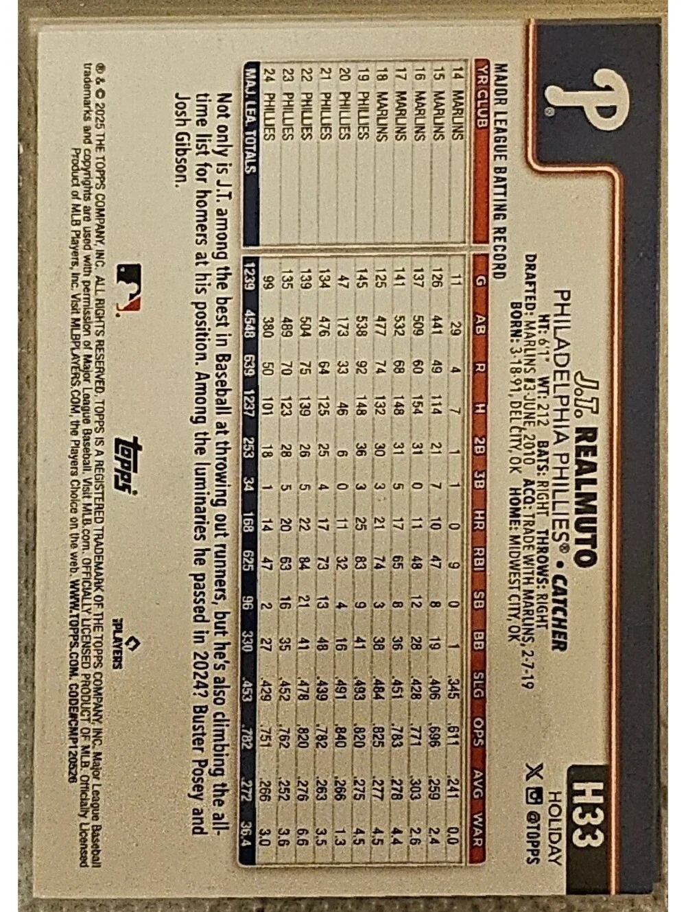 2025 Topps Holiday #H33 J.T. Realmuto
